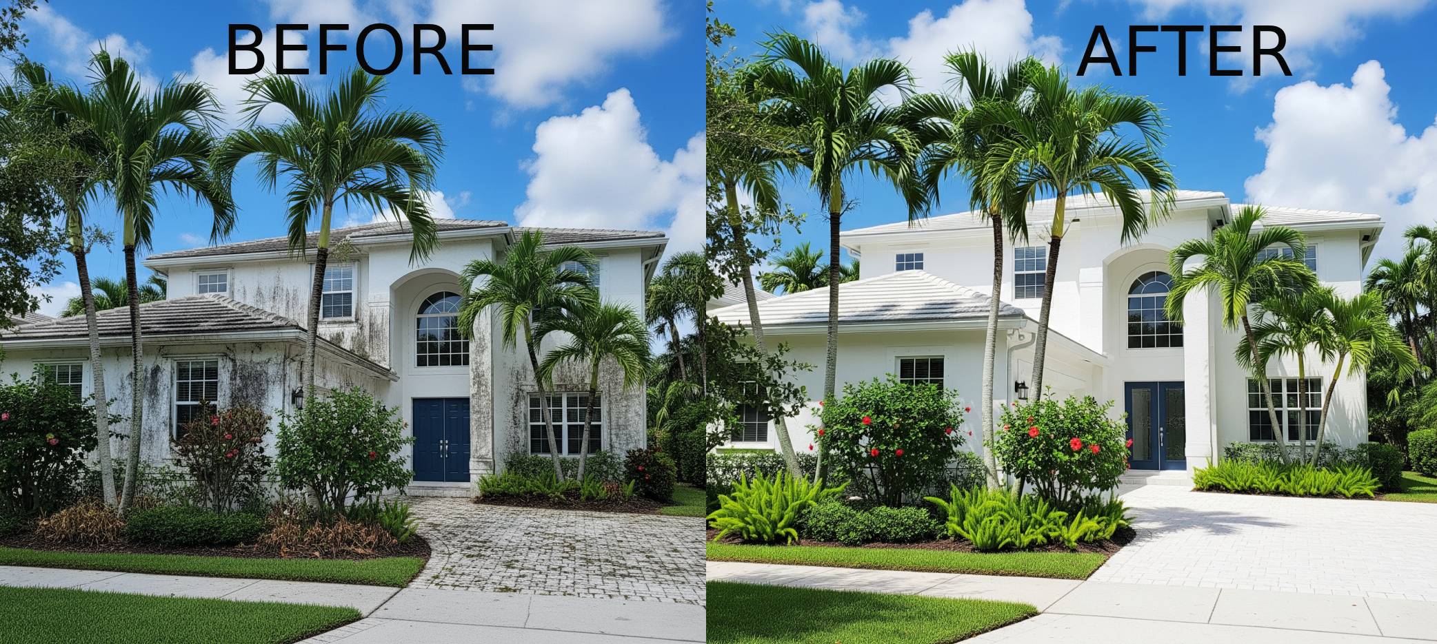 Before and after image of a house and sidewalk cleaning in Coral Springs, Broward County, showing dirt removal and restored cleanliness
